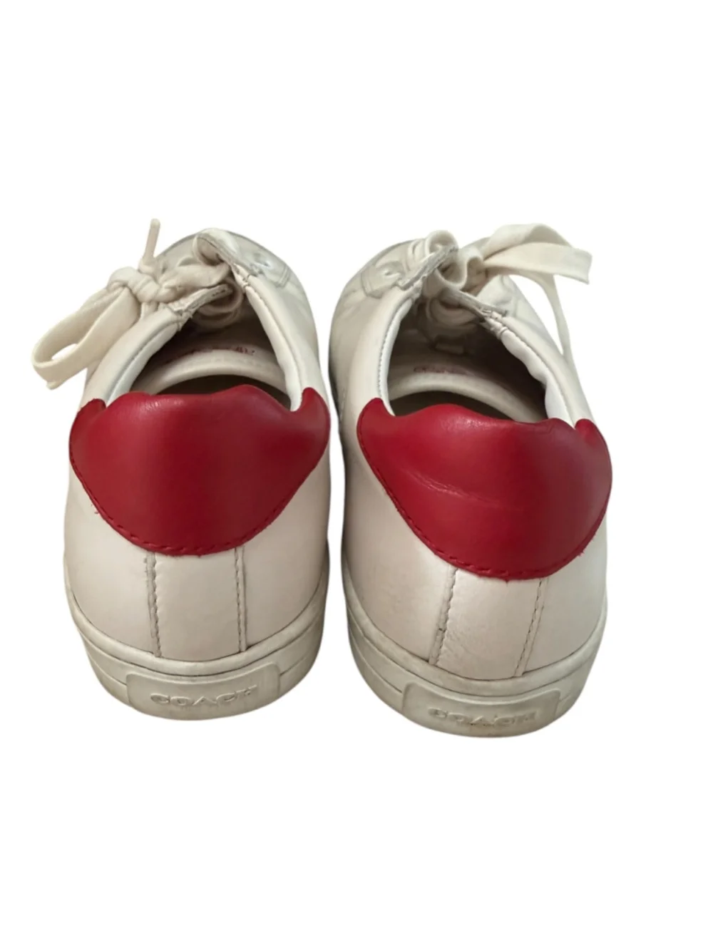Coach FG1271 Women’s White Leather Low Top Sneakers Red Heel Size 8B
